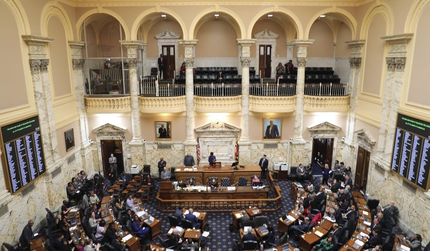 Maryland lawmakers in the House of Delegates work on Monday, March 18, 2024, in Annapolis, Md. Maryland lawmakers are convening for the last day of their legislative session. With a midnight Monday, April 8 deadline, lawmakers mostly will be putting finishing touches on priority legislation, such as a measure to help employees at the Port of Baltimore affected by the Francis Scott Key Bridge collapse. (AP Photo/Brian Witte, File)