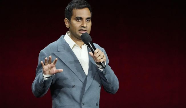 Aziz Ansari, a cast member, writer and director of the upcoming film "Good Fortune," discusses the film during the Lionsgate presentation at CinemaCon 2024, Wednesday, April 10, 2024, at Caesars Palace in Las Vegas. (AP Photo/Chris Pizzello) **FILE**