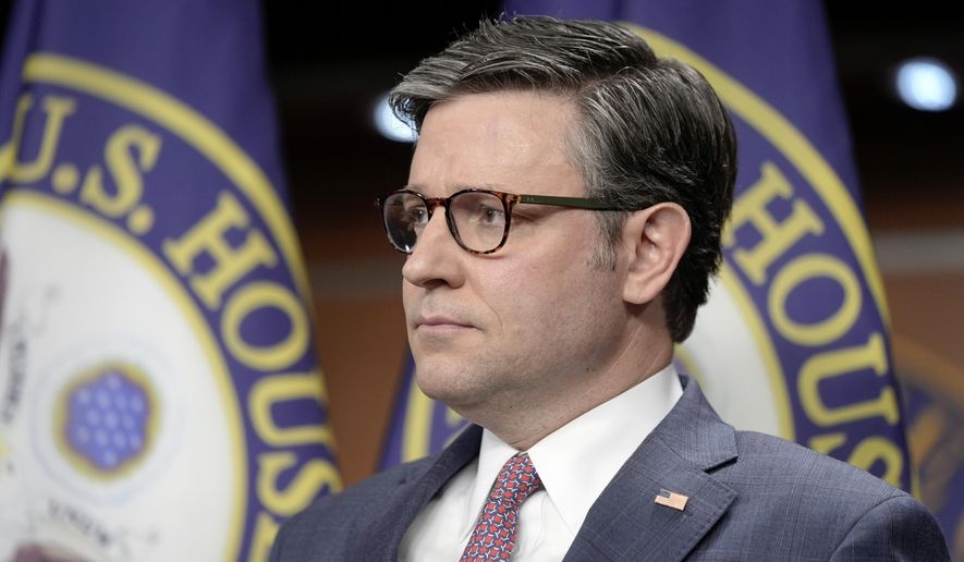 Speaker of the House Mike Johnson, R-La., listens during a news conference on Capitol Hill Wednesday, April 10, 2024, in Washington. (AP Photo/Mariam Zuhaib)