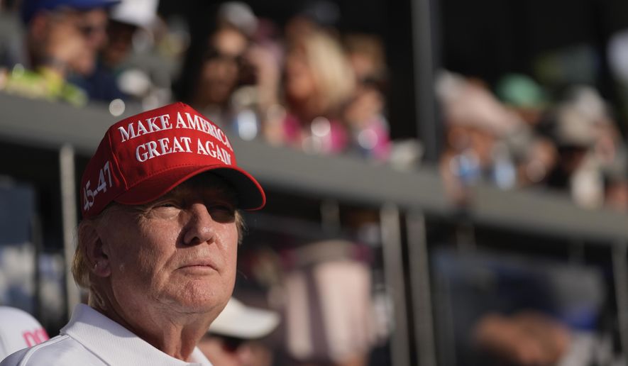 Republican presidential candidate and former President Donald Trump watches play on the 18th hole in the final round of LIV Golf Miami at Trump National Doral Golf Club in Doral, Fla., on Sunday, April 7, 2024. (AP Photo/Rebecca Blackwell) **FILE**