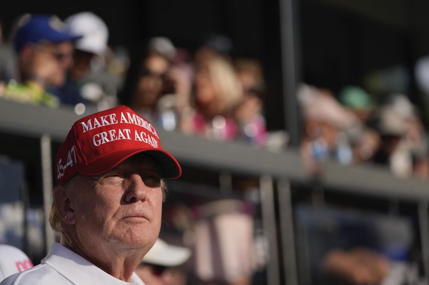 Republican presidential candidate and former President Donald Trump watches play on the 18th hole in the final round of LIV Golf Miami at Trump National Doral Golf Club in Doral, Fla., on Sunday, April 7, 2024. (AP Photo/Rebecca Blackwell) **FILE**