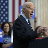 President Joe Biden delivers remarks on proposed spending on child care and other investments in the &quot;care economy&quot; during a rally at Union Station, Tuesday, April 9, 2024, in Washington. (AP Photo/Evan Vucci)