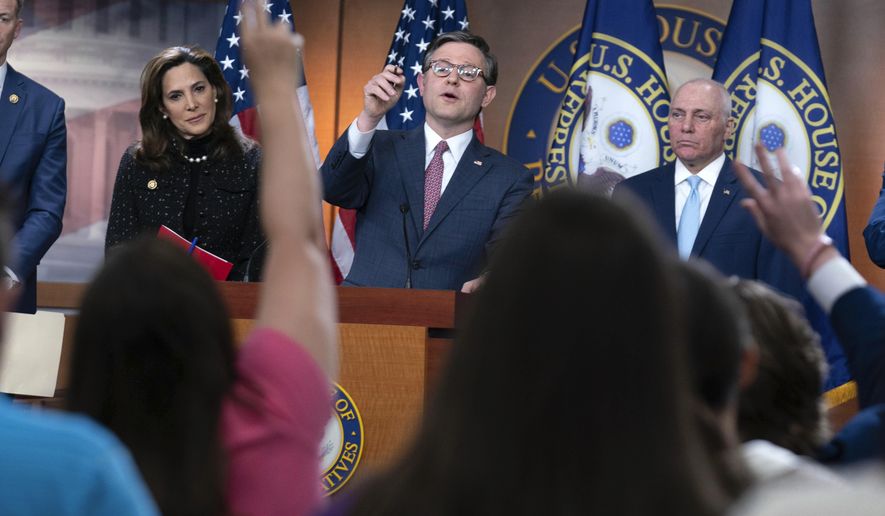Speaker of the House Mike Johnson, R-La., flanked by Rep. Maria Salazar, R-Fla., left, and Majority Leader Steve Scalise, R-La., speaks during a news conference on Capitol Hill in Washington, Wednesday, April 10, 2024. (AP Photo/Jose Luis Magana) **FILE**
