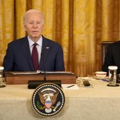 President Joe Biden, left, and Secretary of State Antony Blinken attend a trilateral meeting with Philippine President Ferdinand Marcos Jr. and Japanese Prime Minister Fumio Kishida in the East Room of the White House in Washington, Thursday, April 11, 2024. (AP Photo/Mark Schiefelbein)
