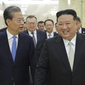 In this photo provided by the North Korean government, North Korean leader Kim Jong-un, right, meets Zhao Leji, chairman of the National People’s Congress of China, in Pyongyang, North Korea Saturday, April 13, 2024. Independent journalists were not given access to cover the event depicted in this image distributed by the North Korean government. The content of this image is as provided and cannot be independently verified. (Korean Central News Agency/Korea News Service via AP)