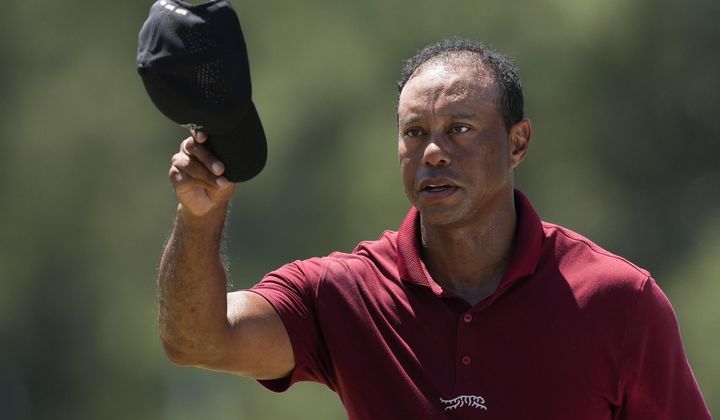 Tiger Woods waves after his final round at the Masters golf tournament at Augusta National Golf Club Sunday, April 14, 2024, in Augusta, Ga. (AP Photo/David J. Phillip) **FILE**