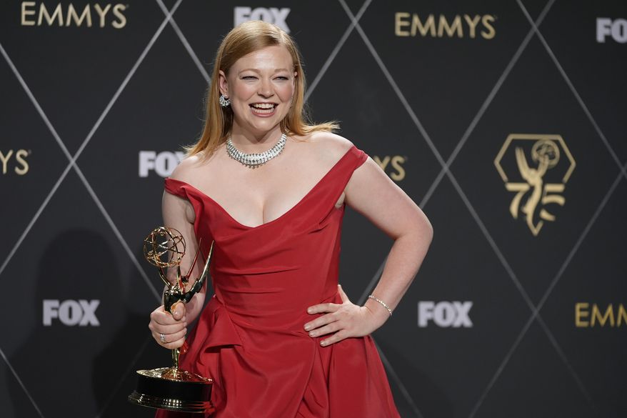 Sarah Snook, winner of the award for outstanding lead actress in a drama series for "Succession," poses in the press room during the 75th Primetime Emmy Awards on Monday, Jan. 15, 2024, at the Peacock Theater in Los Angeles. Sarah Snook, Sarah Jessica Parker and Andrew Scott are among the stars batting for accolades at the Olivier Awards. The Oliviers are Britain’s equivalent of Broadway’s Tony Awards and celebrate work on the London stage. (AP Photo/Ashley Landis, File)