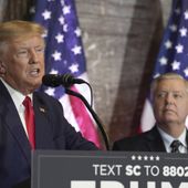Former President Donald Trump, left, speaks at a campaign event as Sen. Lindsey Graham, R-S.C., looks on Jan. 28, 2023, in Columbia, S.C. The long and occasionally quixotic relationship between Trump and Graham has turned negative once more after the South Carolina senator criticized Trump&#x27;s refusal to support a federal abortion ban. (AP Photo/Meg Kinnard, File)