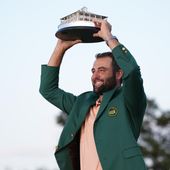 Scottie Scheffler holds the trophy after winning the Masters golf tournament at Augusta National Golf Club Sunday, April 14, 2024, in Augusta, Ga. (AP Photo/Matt Slocum) **FILE**