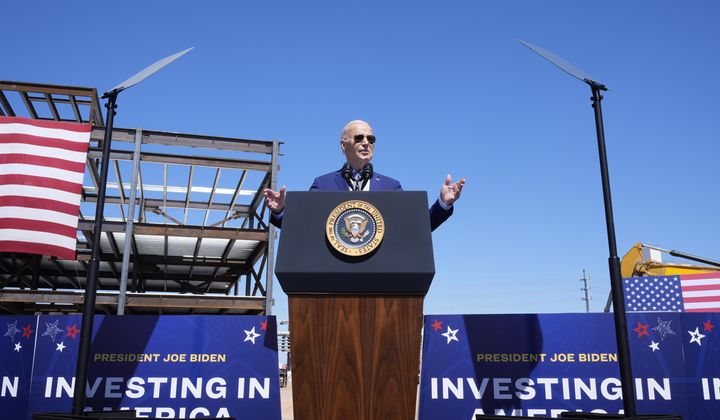 President Joe Biden speaks about an agreement to provide Intel with up to $8.5 billion in direct funding and $11 billion in loans for computer chip plants in Arizona, Ohio, New Mexico and Oregon, at the Intel Ocotillo Campus, March 20, 2024, in Chandler, Ariz. (AP Photo/Jacquelyn Martin, File)