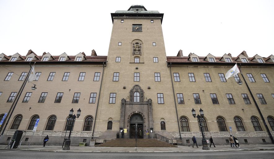 General view of the Stockholm District Court ahead of the main hearing against the former Syrian Brig. Gen. Mohammed Hamo, who stands accused of aiding and abetting war crimes in Syria in 2012, and whose trial starts Monday, April 15, 2024 (Oscar Olsson/TT News Agency via AP)