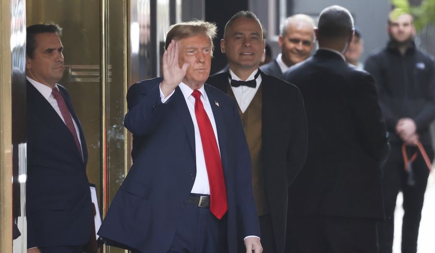 Former President Donald Trump leaves Trump Tower on his way to Manhattan criminal court, Monday, April 15, 2024, in New York. The hush money trial of former President Donald Trump begins Monday with jury selection. It&#x27;s a singular moment for American history as the first criminal trial of a former U.S. commander in chief. (AP Photo/Yuki Iwamura)