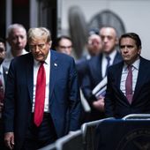 Former President Donald Trump arrives at Manhattan criminal court with his legal team ahead of the start of jury selection in New York, Monday, April 15, 2024. (Jabin Botsford/Pool Photo via AP)