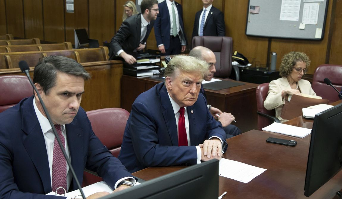 Former President Donald Trump attends trial for jury selection at Manhattan Criminal Court on Monday, April 15, 2024 in New York City. (Michael Nagle/The New York Post via AP, Pool)