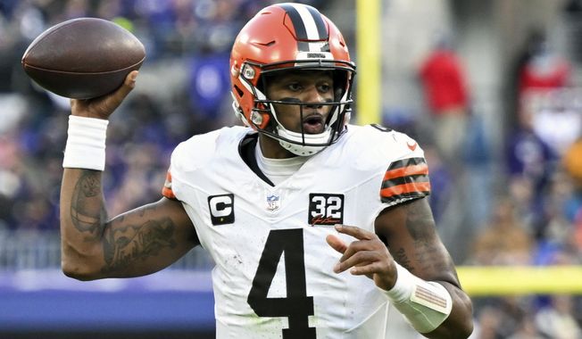 Cleveland Browns quarterback Deshaun Watson (4) scrambles as he looks to throw a pass during the second half of an NFL football game against the Baltimore Ravens, Sunday, Nov. 12, 2023, in Baltimore. Browns quarterback Deshaun Watson said he&#x27;s following a conservative plan as he recovers from major shoulder surgery, but that he&#x27;s been able to throw at full speed. “Everything is fluid motion, no hinging,” Watson said Tuesday, April 16, 2024, raising his arm to demonstrate. (AP Photo/Terrance Williams, File)