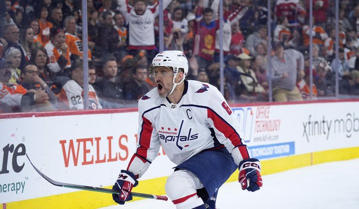 Washington Capitals&#x27; Alex Ovechkin reacts after scoring a goal during the first period of an NHL hockey game against the Philadelphia Flyers, Tuesday, April 16, 2024, in Philadelphia. (AP Photo/Matt Slocum)