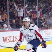 Washington Capitals&#x27; Alex Ovechkin reacts after scoring a goal during the first period of an NHL hockey game against the Philadelphia Flyers, Tuesday, April 16, 2024, in Philadelphia. (AP Photo/Matt Slocum)