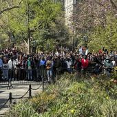 Immigrants rally at City Hall Park outside City Hall in New York on Tuesday, April 16, 2024. Over 1,500 Black immigrants turned out across from City Hall during a hearing about racial inequities in the city&#x27;s shelter and immigrant support systems. (AP Photo/Cedar Attanasio)