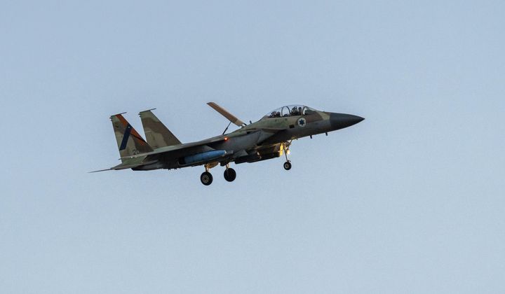 An Israeli air force F-15 warplane is seen before landing in an airbase in central Israel, Monday, April 15, 2024. (AP Photo/Ohad Zwigenberg)