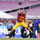 Southern California quarterback Caleb Williams throws a pass during the second half of the team&#x27;s NCAA college football game against UCLA, Saturday, Nov. 18, 2023, in Los Angeles. Williams is expected to be taken in the first round of the NFL Draft. (AP Photo/Ryan Sun, File)