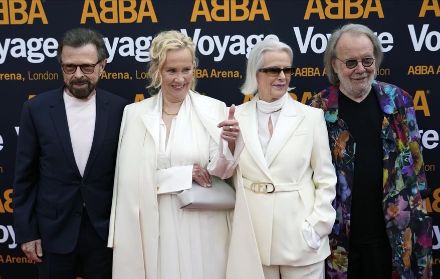 Members of ABBA, from left, Bjorn Ulvaeus, Agnetha Faltskog, Anni-Frid Lyngstad and Benny Andersson arrive for the ABBA Voyage concert at the ABBA Arena in London, Thursday May 26, 2022. Albums from ABBA, Blondie and the Notorious B.I.G. are entering the National Recording Registry at the Library of Congress. They're among the 25 titles announced Tuesday, April 16, 2024, that have been selected for preservation as “defining sounds of the nation’s history and culture." (AP Photo/Alberto Pezzali, File)