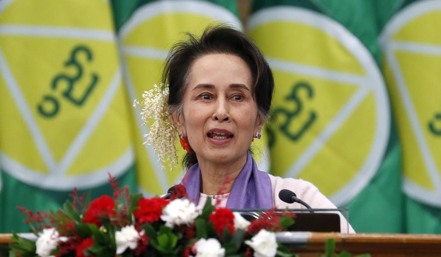 Myanmar&#x27;s then leader Aung San Suu Kyi delivers a speech during a meeting on the implementation of Myanmar Education Development in Naypyidaw, Myanmar, Jan. 28, 2020. Myanmar’s military says Suu Kyi has been moved from prison to house arrest as a health measure due to a heat wave. (AP Photo/Aung Shine Oo, File)