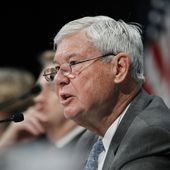 Then-Sen. Bob Graham, right, speaks during the National Commission on the BP Deepwater Horizon Spill and Offshore Drilling meeting on Sept. 27, 2010, in Washington. The former Florida Sen. Graham, who chaired the Intelligence Committee following the 2001 terrorist attacks and opposed the Iraq invasion, has died, according to an announcement by his family Tuesday, April 16, 2024. (AP Photo/Manuel Balce Ceneta, File)