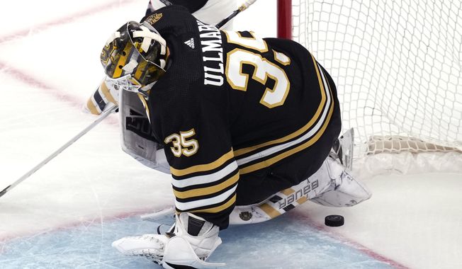 Boston Bruins goaltender Linus Ullmark drops to the ice, but fails to make the save, on a gaol byy Ottawa Senators left wing Jiri Smejkal during the second period of an NHL hockey game Tuesday, April 16, 2024, in Boston. (AP Photo/Charles Krupa)