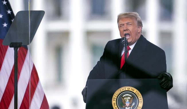 President Donald Trump speaks during a rally in Washington on Jan. 6, 2021. The Supreme Court is hearing arguments Tuesday, April 16, 2024, over the charge of obstruction of an official proceeding that has been brought against 330 people, according to the Justice Department. The charge refers to the disruption of Congress&#x27; certification of Joe Biden&#x27;s 2020 presidential election victory over formper President Trump. Trump faces two obstruction charges. Next week, the justices will weigh whether Trump can be prosecuted at all for his efforts to overturn the 2020 election results. (AP Photo/Evan Vucci, File)