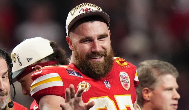Kansas City Chiefs tight end Travis Kelce (87) waves after the NFL Super Bowl 58 football game against the San Francisco 49ers Sunday, Feb. 11, 2024, in Las Vegas. The tight end is the host of a new game show called “Are You Smarter Than a Celebrity” for Prime Video, the streamer confirmed Tuesday, April 16, 2024. (AP Photo/Frank Franklin II, File)