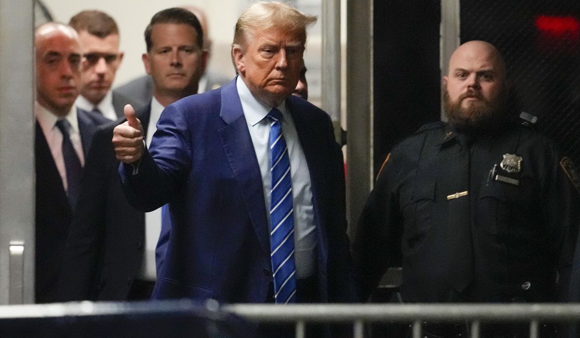 Former President Donald Trump returns to the courtroom after a recess at Manhattan criminal court, Tuesday, April 16, 2024, in New York. Donald Trump returned to the courtroom Tuesday as a judge works to find a panel of jurors who will decide whether the former president is guilty of criminal charges alleging he falsified business records to cover up a sex scandal during the 2016 campaign. (AP Photo/Mary Altaffer, Pool)