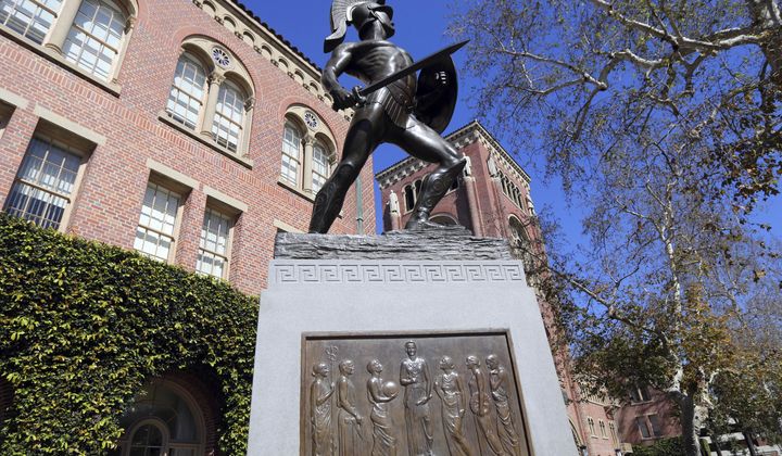 This Tuesday, March 12, 2019 file photo shows the iconic Tommy Trojan statue at the University of Southern California in Los Angeles. University of Southern California officials have canceled a commencement speech by its 2024 valedictorian, a pro-Palestinian Muslim, citing “substantial risks relating to security and disruption” of the event that draws 65,000 people to campus. (AP Photo/Reed Saxon, File)