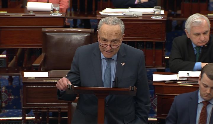 In this image from video from Senate Television, Senate Majority Leader Chuck Schumer of N.Y., speaks during the impeachment trial of Homeland Security Secretary Alejandro Mayorkas on the Senate floor at the U.S. Capitol, Wednesday, April 17, 2024, in Washington. (Senate Television via AP)