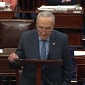 In this image from video from Senate Television, Senate Majority Leader Chuck Schumer of N.Y., speaks during the impeachment trial of Homeland Security Secretary Alejandro Mayorkas on the Senate floor at the U.S. Capitol, Wednesday, April 17, 2024, in Washington. (Senate Television via AP)