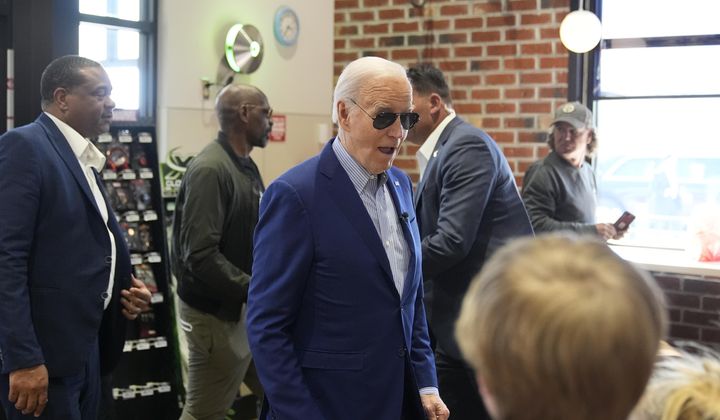 President Joe Biden walks into a Sheetz after stopping enroute to Pittsburgh International Airport, Wednesday, April 17, 2024, in Pittsburgh, Pa. (AP Photo/Alex Brandon)