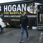 Former Maryland Gov. Larry Hogan steps off of his campaign bus for a stop at DePaola&#x27;s Bagel and Brunch in Stevensville, Md., Friday, April 12, 2024, as he campaigns for the U.S. Senate. (AP Photo/Susan Walsh) **FILE**