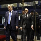 Republican presidential candidate former President Donald Trump walks with Poland&#x27;s President Andrzej Duda at Trump Tower in midtown Manhattan in New York on Wednesday, April 17, 2024. (AP Photo/Stefan Jeremiah)