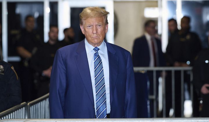Former President Donald Trump speaks to the press after the second day of his criminal trial, Tuesday, April 16, 2024 in New York. (Curtis Means/Pool Photo via AP)
