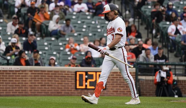 Baltimore Orioles&#x27; Jackson Holliday walks to the dugout after striking out against the Minnesota Twins during the sixth inning of a baseball game, Wednesday, April 17, 2024, in Baltimore. (AP Photo/Jess Rapfogel)