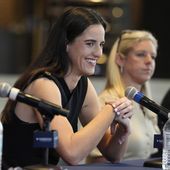 Indiana Fever&#x27;s Caitlin Clark speaks during a WNBA basketball news conference, Wednesday, April 17, 2024, in Indianapolis. (AP Photo/Darron Cummings)