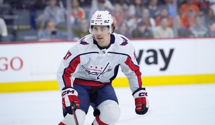 Washington Capitals&#x27; Dylan Strome plays during an NHL hockey game, Tuesday, April 16, 2024, in Philadelphia. Since being picked third in the draft nearly a decade ago behind Connor McDavid and Jack Eichel and ahead of Mitch Marner, Dylan Strome has yet to play in an NHL playoff game outside the 2020 pandemic bubble. That changes Sunday when he and the Washington Capitals visit the New York Rangers, fittingly at Madison Square Garden where he rooted on his brother Ryan in the 2022 postseason.(AP Photo/Matt Slocum, File)