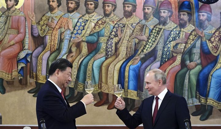 FILE - Russian President Vladimir Putin, right, and Chinese President Xi Jinping toast during their dinner at The Palace of the Facets, a building in the Moscow Kremlin, Russia, on March 21, 2023. Europe wants two things from China: First, a shift in its relatively pro-Russia position on the war in Ukraine. Second, a reduction in the trade imbalance. It’s not clear if it will get very far on either front. (Pavel Byrkin, Sputnik, Kremlin Pool Photo via AP, File)