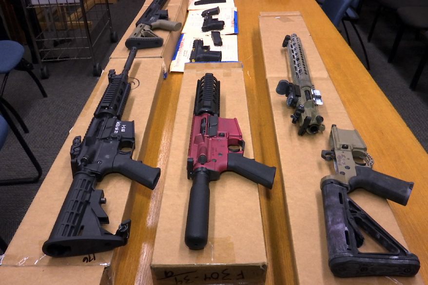 "Ghost guns" are displayed at the headquarters of the San Francisco Police Department, Nov. 27, 2019, in San Francisco. Nevada's Supreme Court upheld the state's ban on ghost guns Thursday, April 18, 2024, overturning a lower court's ruling that had sided with a gun manufacturer's' argument the 2021 law regulating firearm components with no serial numbers was too broad and unconstitutionally vague. (AP Photo/Haven Daley, File)