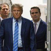 Former President Donald Trump walks through a doorway during the second day of jury selection, Tuesday, April 16, 2024, at Manhattan criminal court in New York. Trump is charged with falsifying business records to cover up a sex scandal during his 2016 campaign. (Justin Lane/Pool Photo via AP) **FILE**