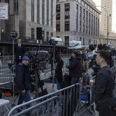 Members of the media gather outside Manhattan Criminal Court, Tuesday, April 16, 2024, in New York. Former President Donald Trump will return to court as a judge works to find a panel of jurors who will decide whether the former president is guilty of criminal charges alleging he falsified business records to cover up a sex scandal during the 2016 campaign. (AP Photo/Yuki Iwamura) **FILE**