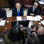 Former President Donald Trump, flanked by attorneys Todd Blanche and Emil Bove, appears at Manhattan criminal court during jury selection in New York, Thursday, April 18, 2024. (Jabin Botsford/The Washington Post via AP, Pool)