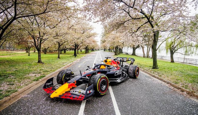 Oracle Red Bull Racing&#x27;s RB19 car amongst the Cherry Blossoms along the Potomac River in Washington, D.C., on April 1, 2024. Red Bull&#x27;s Showrun event is Sat., April 18, 2024 on Pennsylvania Avenue NW near the U.S. Capitol and National Mall. (Chris Tedesco/Red Bull Content Pool)