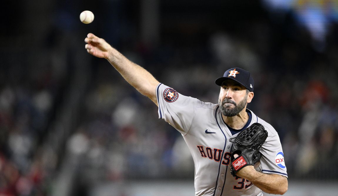 Houston Astros starting pitcher Justin Verlander throws during the fifth inning of the team&#x27;s baseball game against the Washington Nationals, Friday, April 19, 2024, in Washington. (AP Photo/Nick Wass)