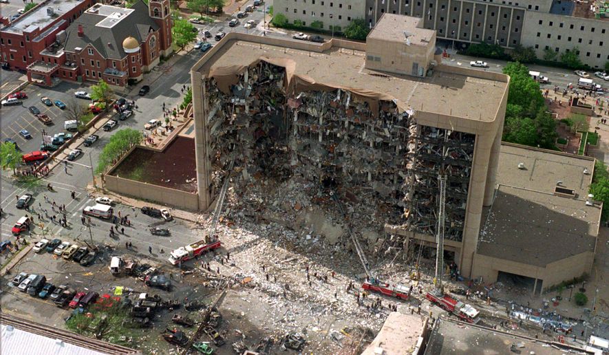 This April 19, 1995 file photo shows the north side of the Alfred Murrah Federal Building in Oklahoma City, after it was destroyed by a domestic terrorist&#x27;s bomb killing 168 people. (AP Photo/File)