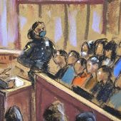 Prosecutor Susan Hoffinger stands at the podium during jury selection of former U.S. President Donald Trump&#x27;s criminal trial on charges that he falsified business records to conceal money paid to silence porn star Stormy Daniels in 2016, in Manhattan state court in New York City, Friday, April 19, 2024, in this courtroom sketch. (Jane Rosenberg via AP, Pool)